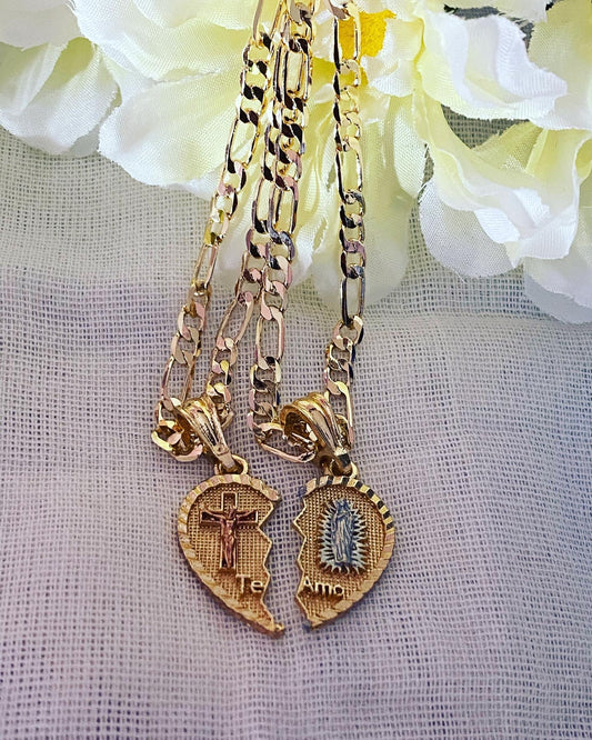 "Te Amo" Necklace Set w/ Virgin and Cross. - Gold Plated