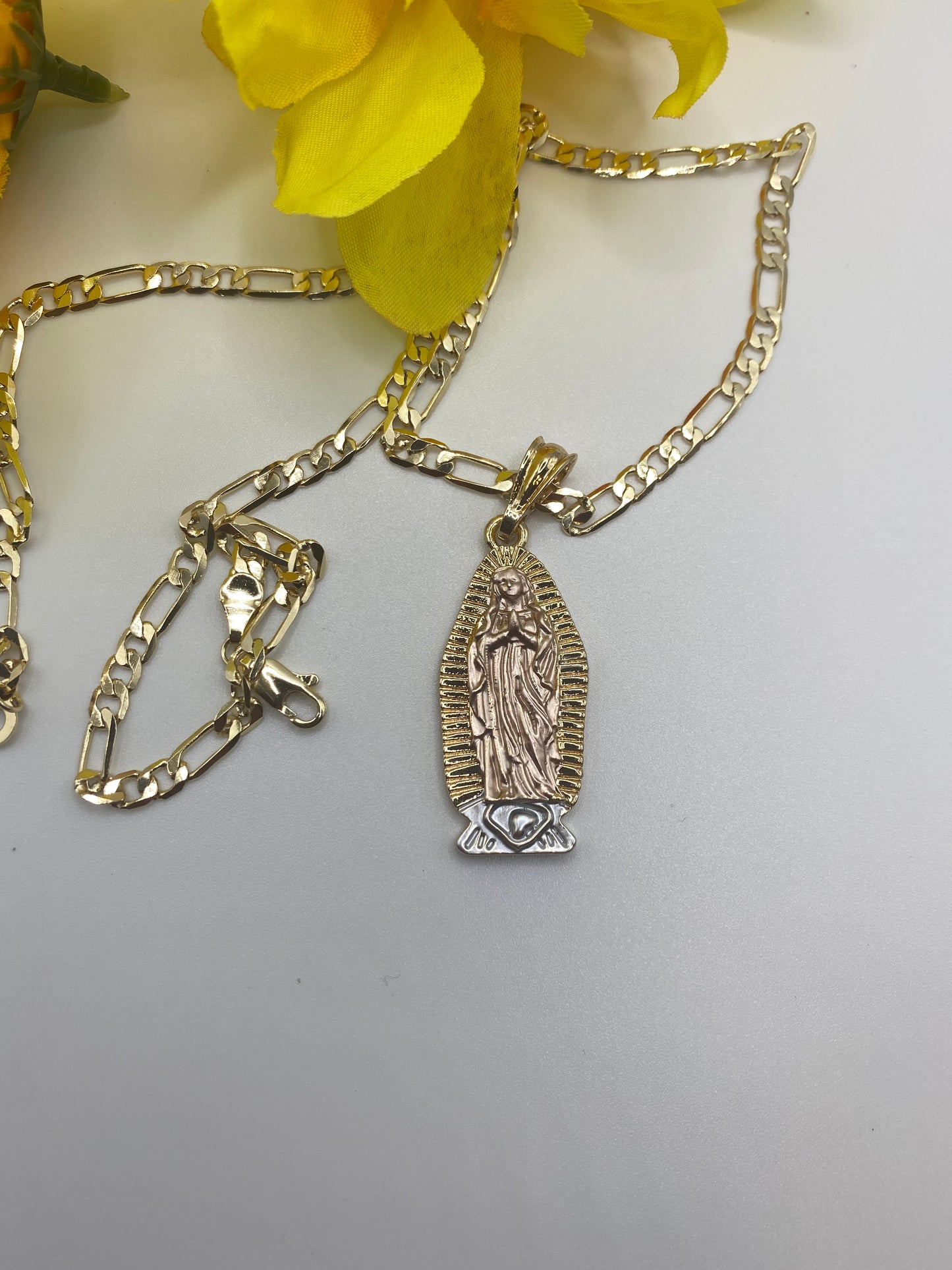 14k Gold Plated Virgen Guadalupe Necklace, Cadena 14k Virgen de Guadalupe Oro Laminado 24”