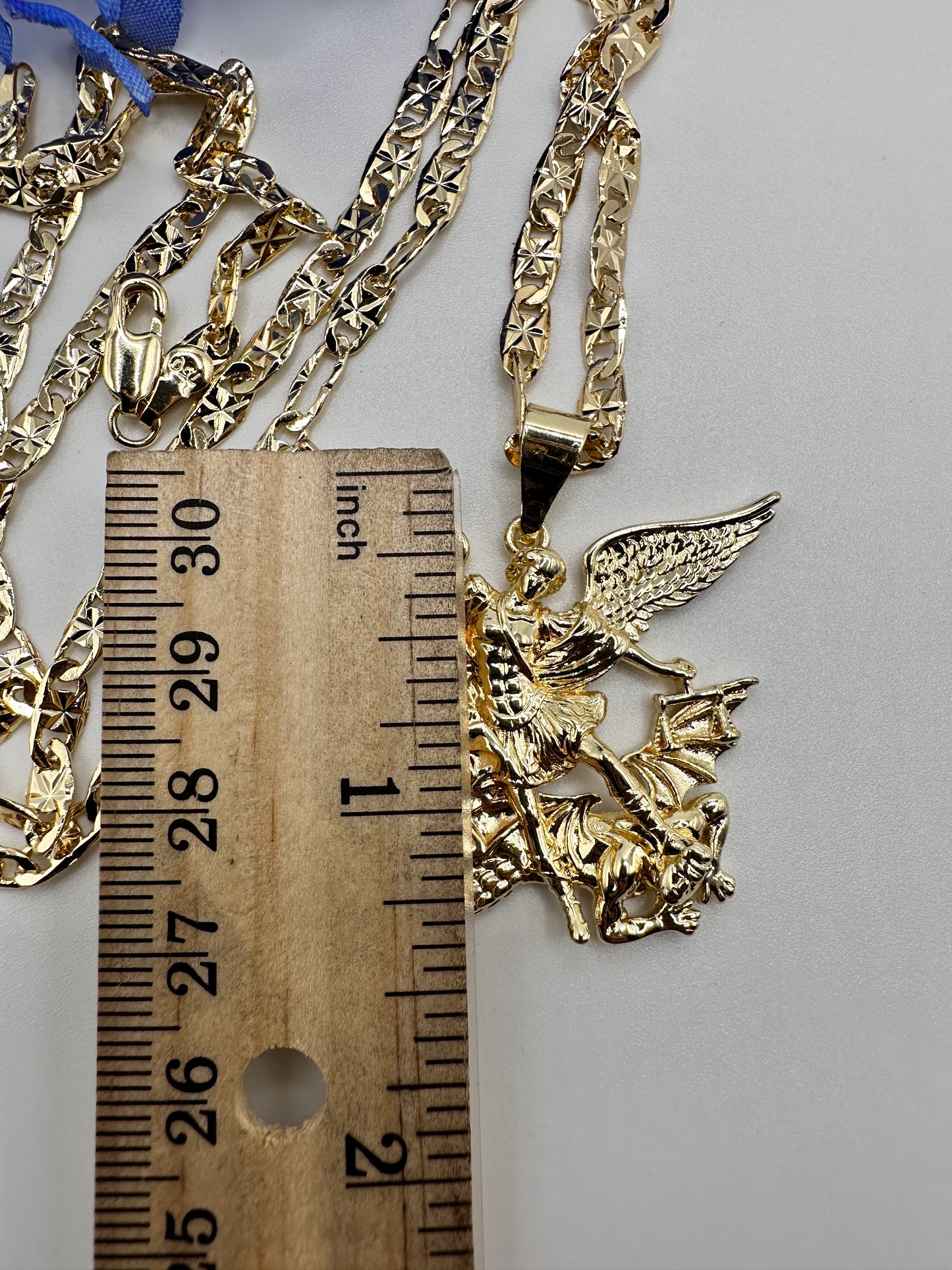 "St Michael " Archangel Necklace 24”. 14k Cadena de San Miguel Arcangel Oro Laminado. Saint Michael