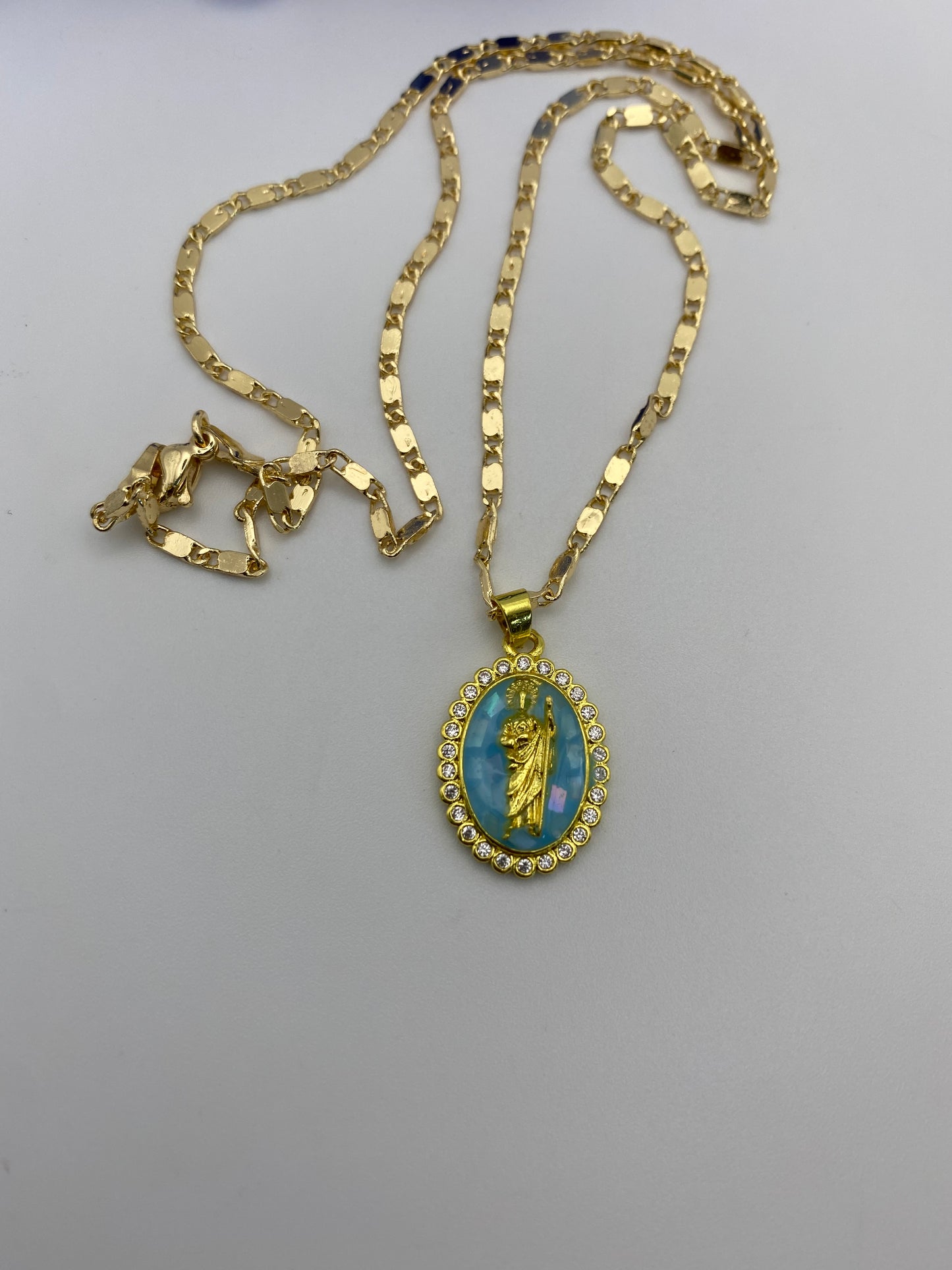 “Pretty Blue” San Judas Tadeo Necklace , Saint Jude Necklace Gold Plated