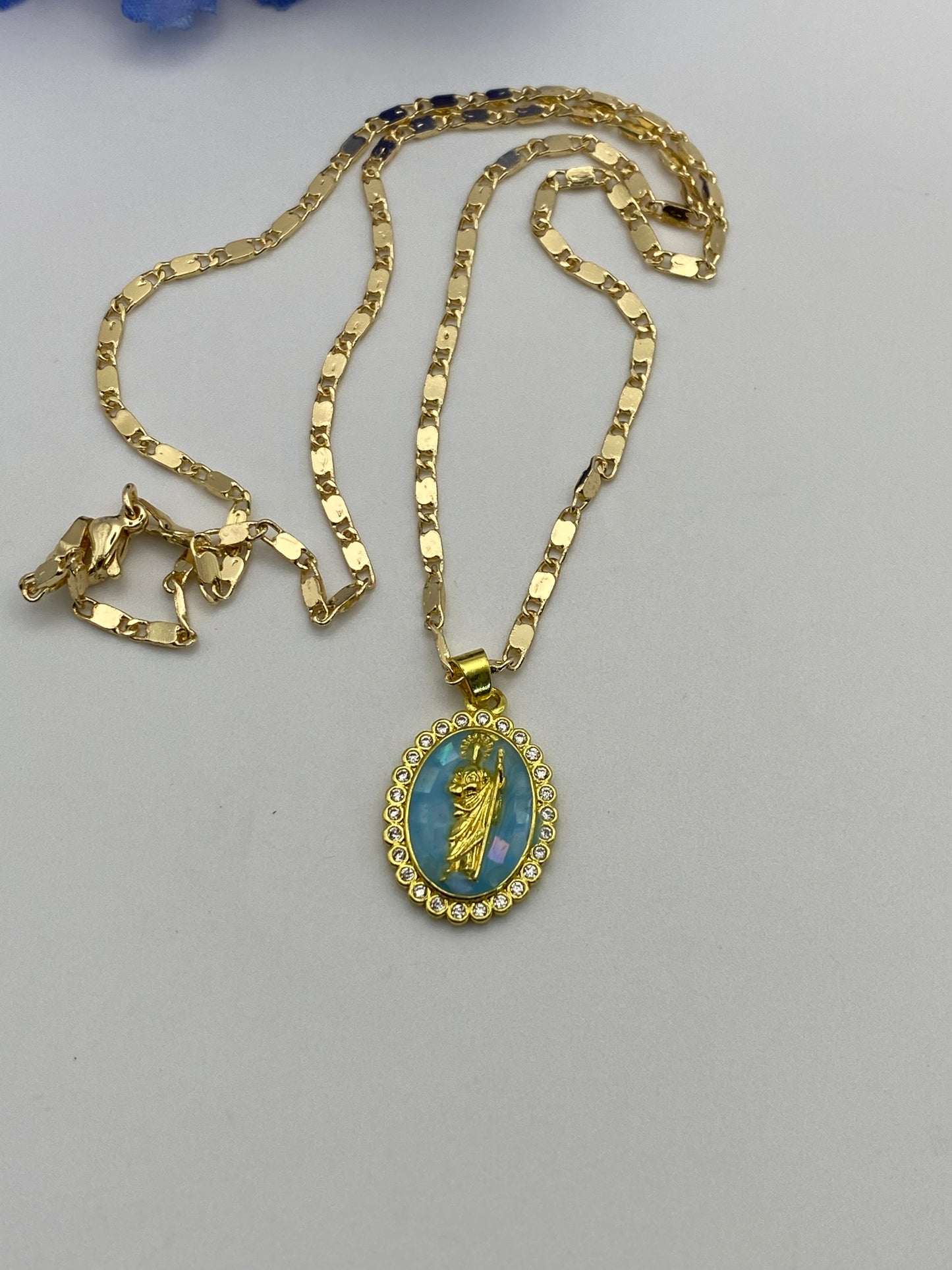 “Pretty Blue” San Judas Tadeo Necklace , Saint Jude Necklace Gold Plated