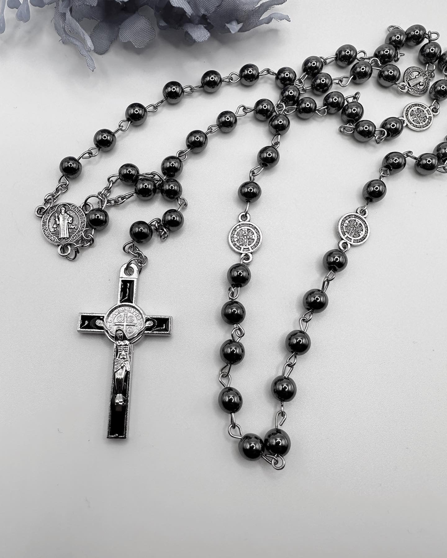 Bead St Benedict Black Hematite Natural Stone Rosary- San Benito Rosario