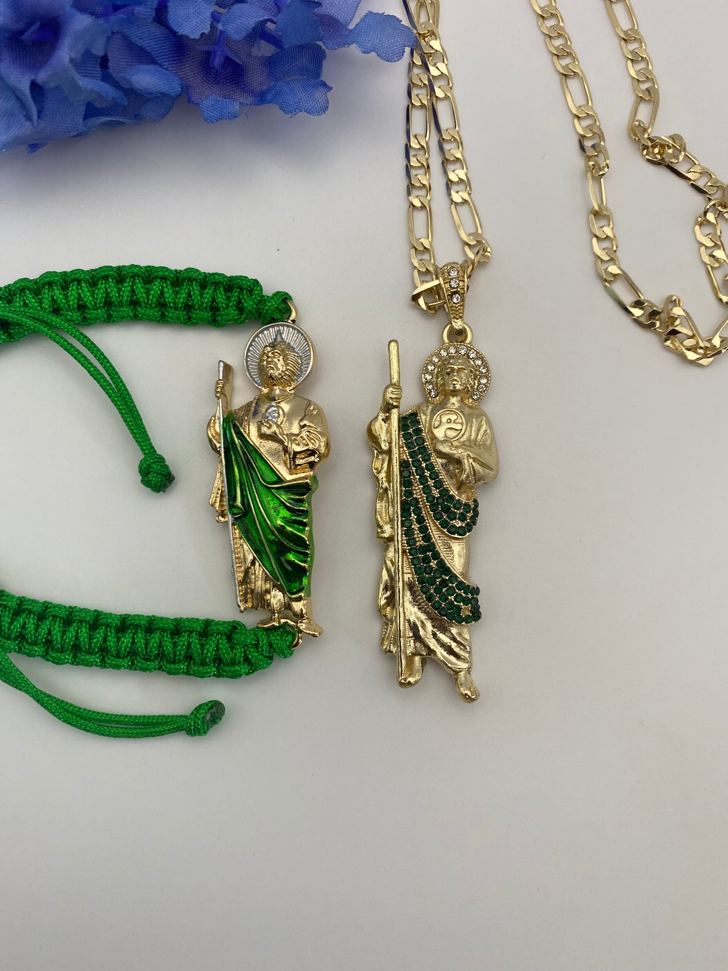 Green Ice San Judas Necklace & Rope Bracelet set