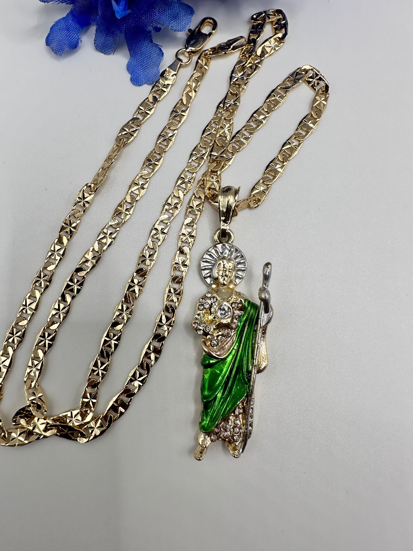 "Win" St Jude Necklace Green w/Diamonds Gold Plated (San Judas)