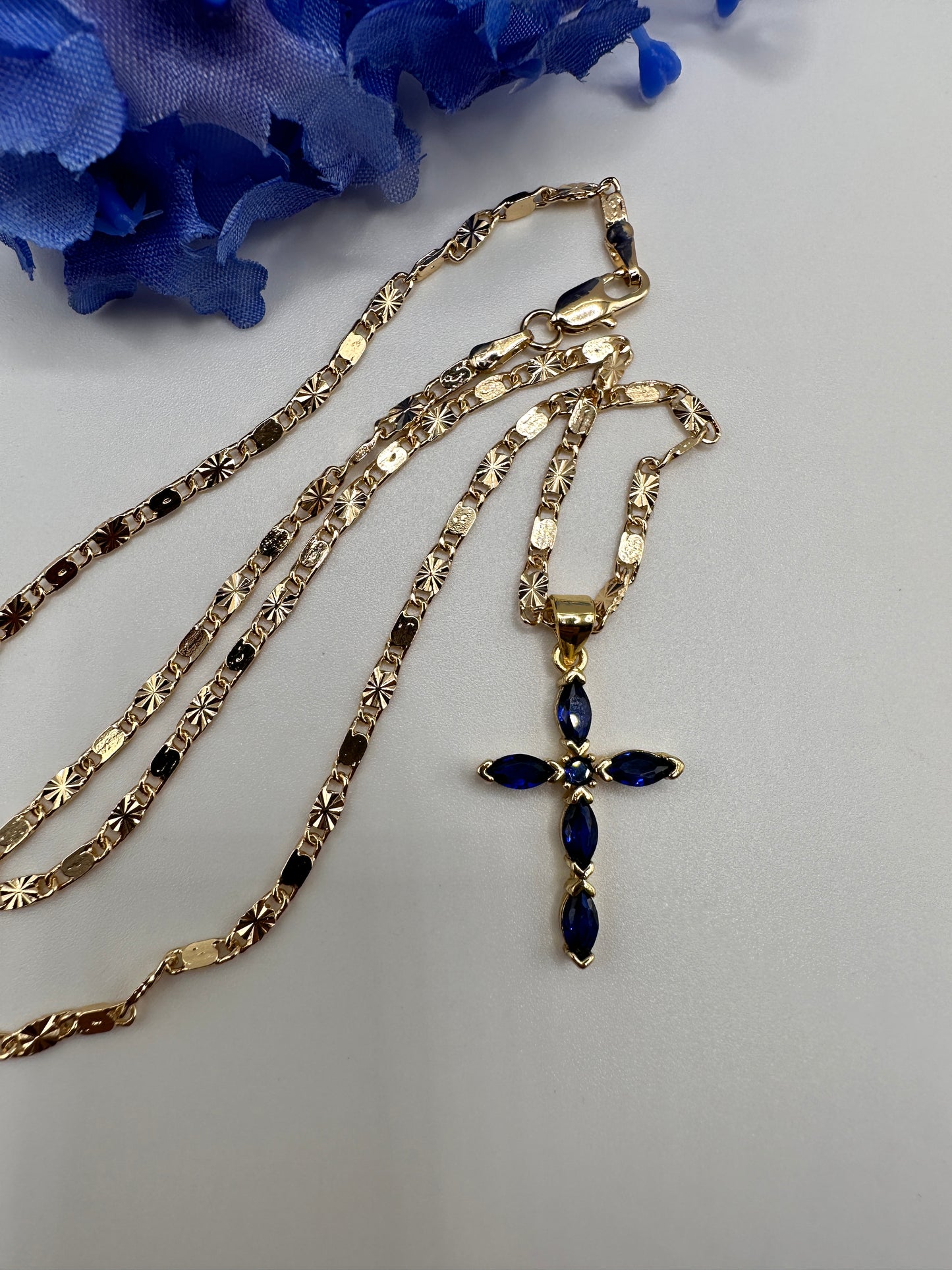 “Diamond Blue" Cross Necklace with Stones