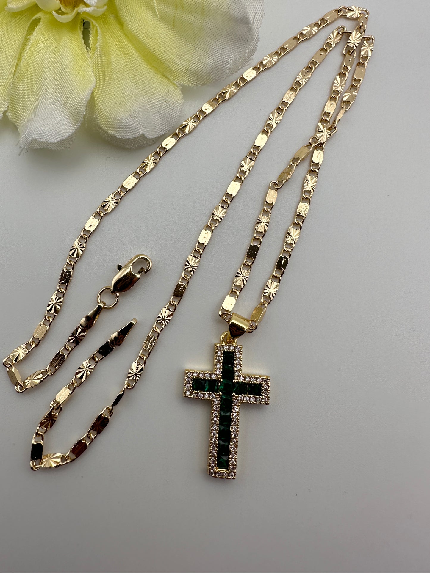 “Crystal Green” Cross Necklace Gold Plated (Green)