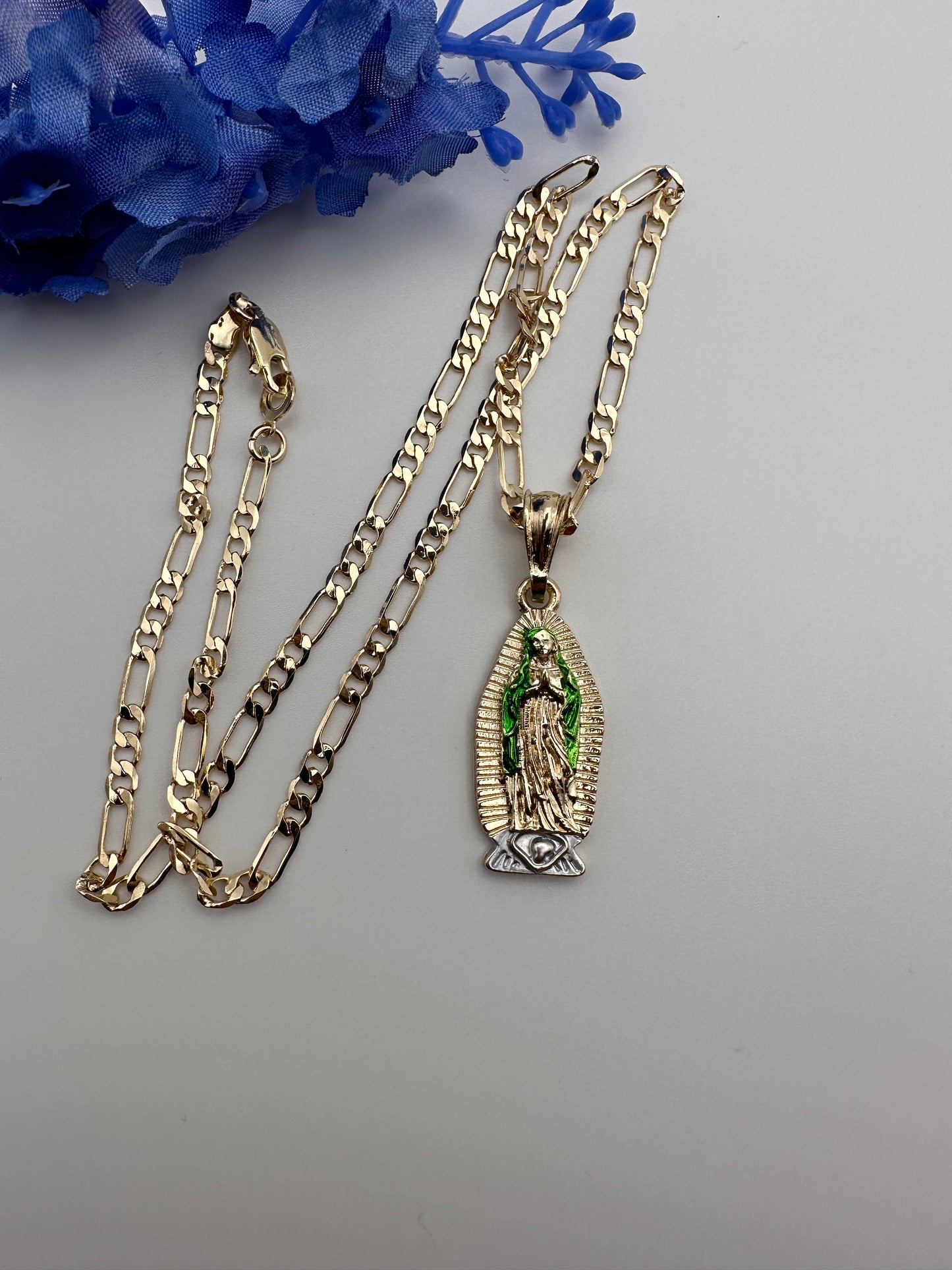 “ Linda” Virgin Guadalupe Necklace with Green Accent Gold Plated - Cadena Virgen oro Bañado