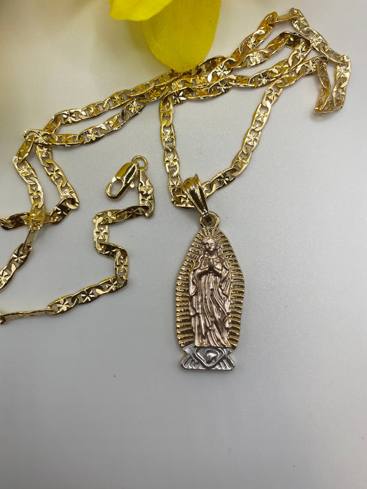 14k Gold Plated Virgen Guadalupe Necklace, Cadena 14k Virgen de Guadalupe Oro Laminado 24”