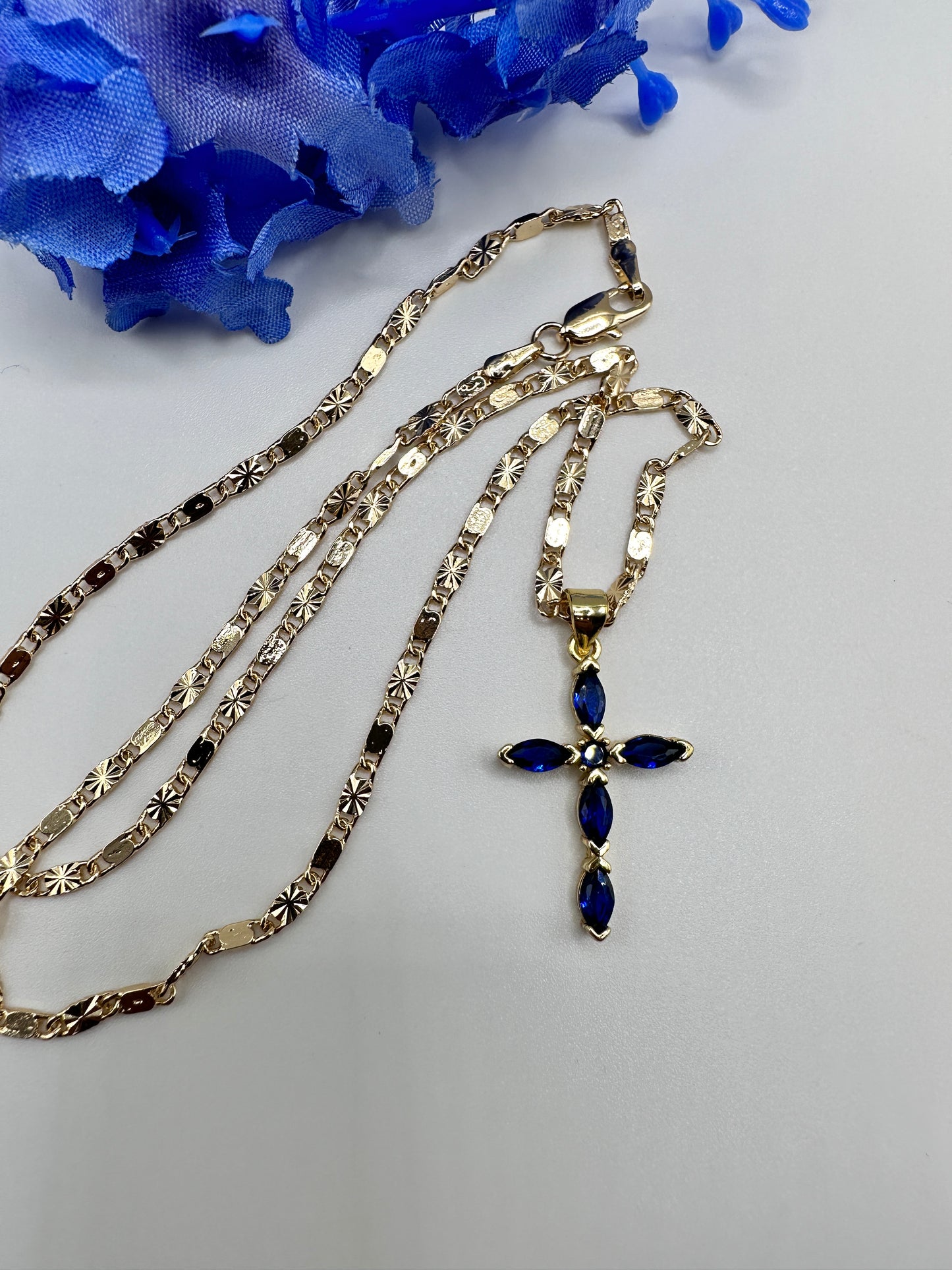 “Diamond Blue" Cross Necklace with Stones