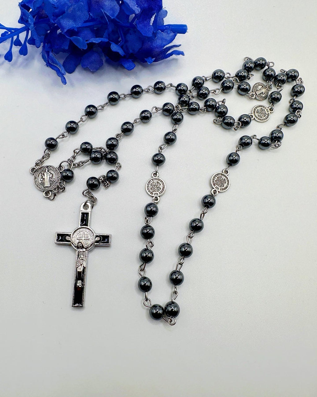 Bead St Benedict Black Hematite Natural Stone Rosary- San Benito Rosario