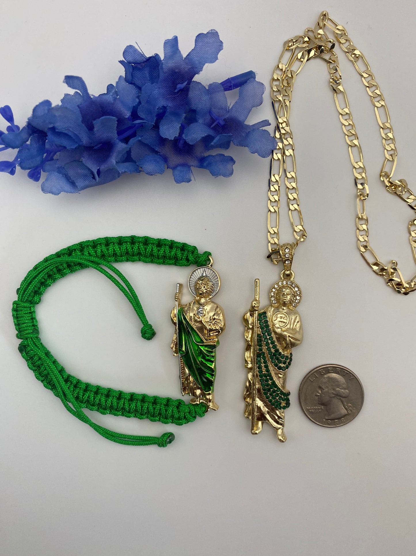 Green Ice San Judas Necklace & Rope Bracelet set