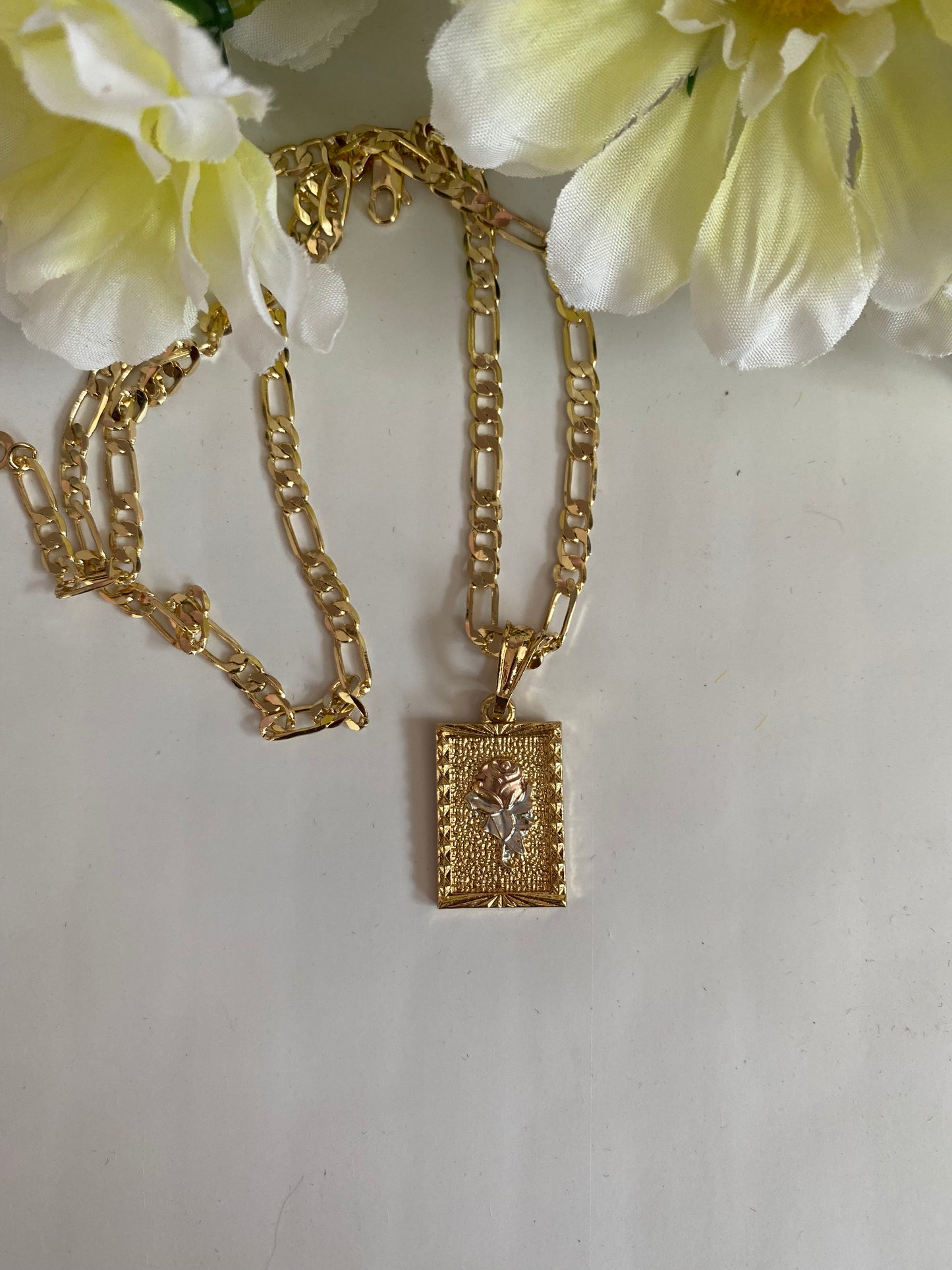 “Rose” Necklace w/Square Pedant Gold Plated