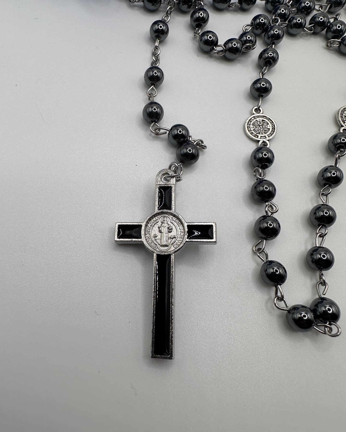 Bead St Benedict Black Hematite Natural Stone Rosary- San Benito Rosario