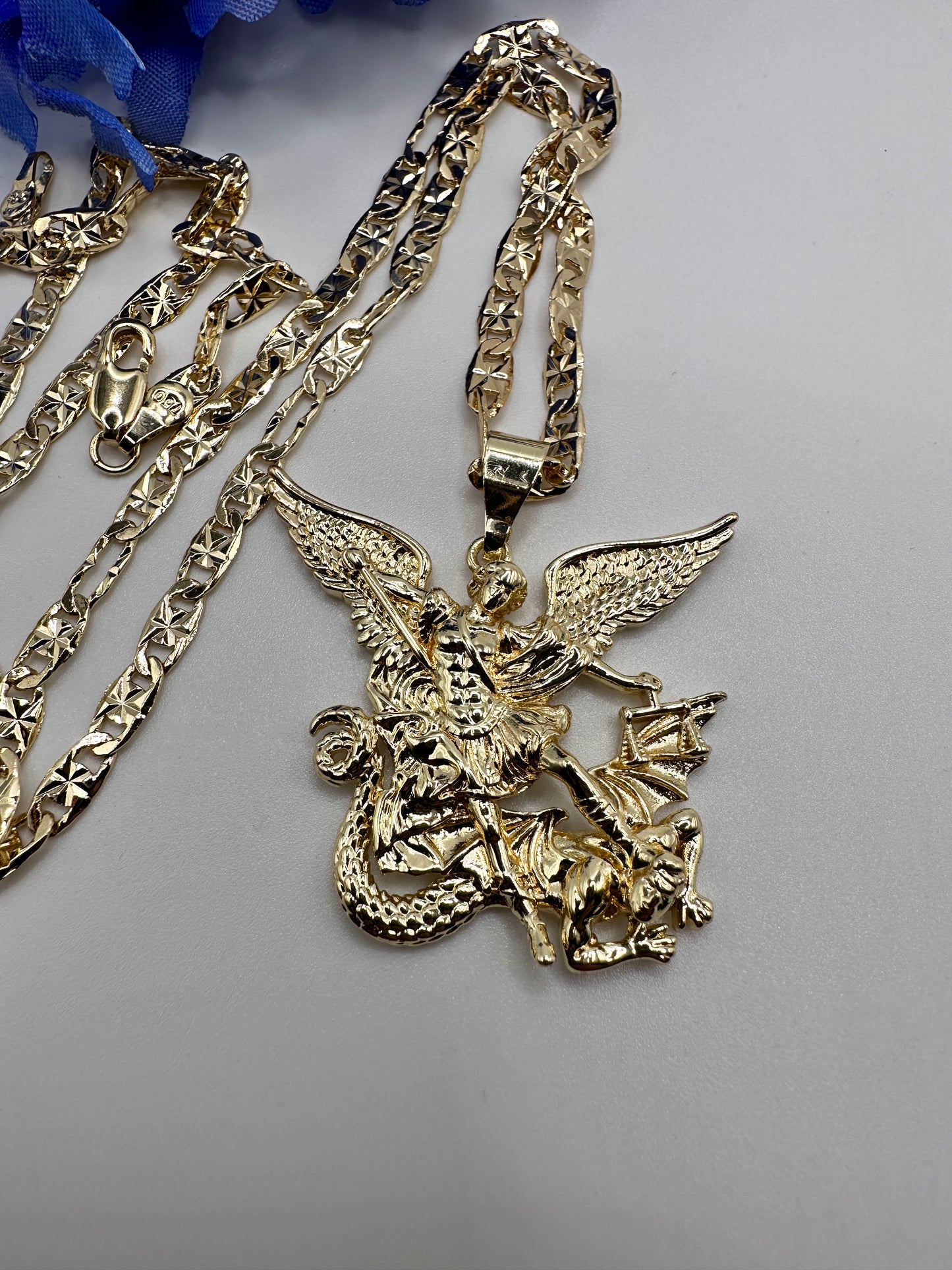 "St Michael " Archangel Necklace 24”. 14k Cadena de San Miguel Arcangel Oro Laminado. Saint Michael