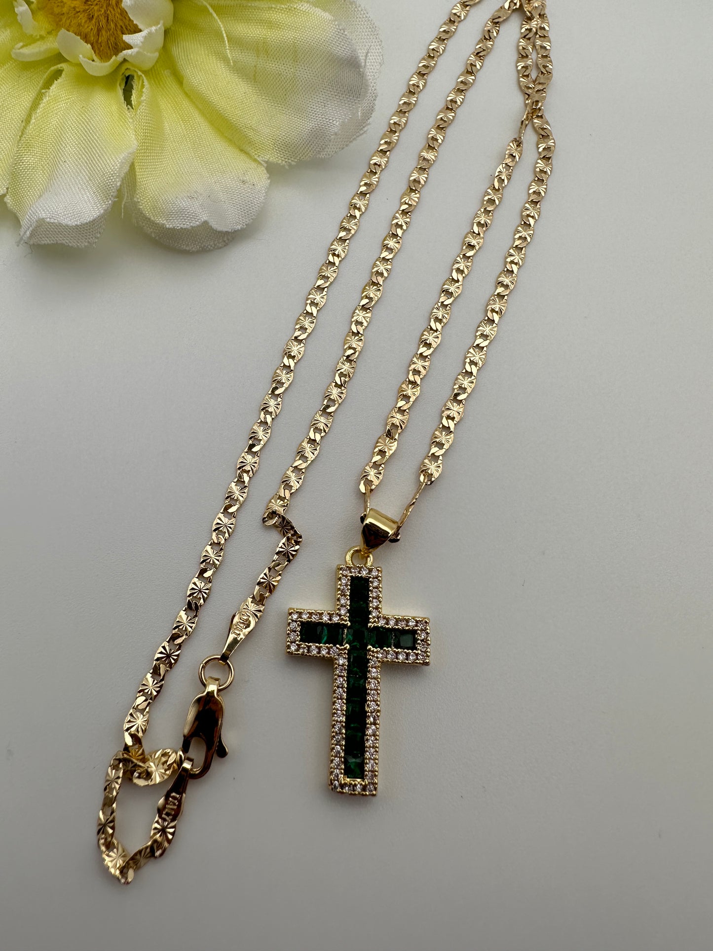 “Crystal Green” Cross Necklace Gold Plated (Green)