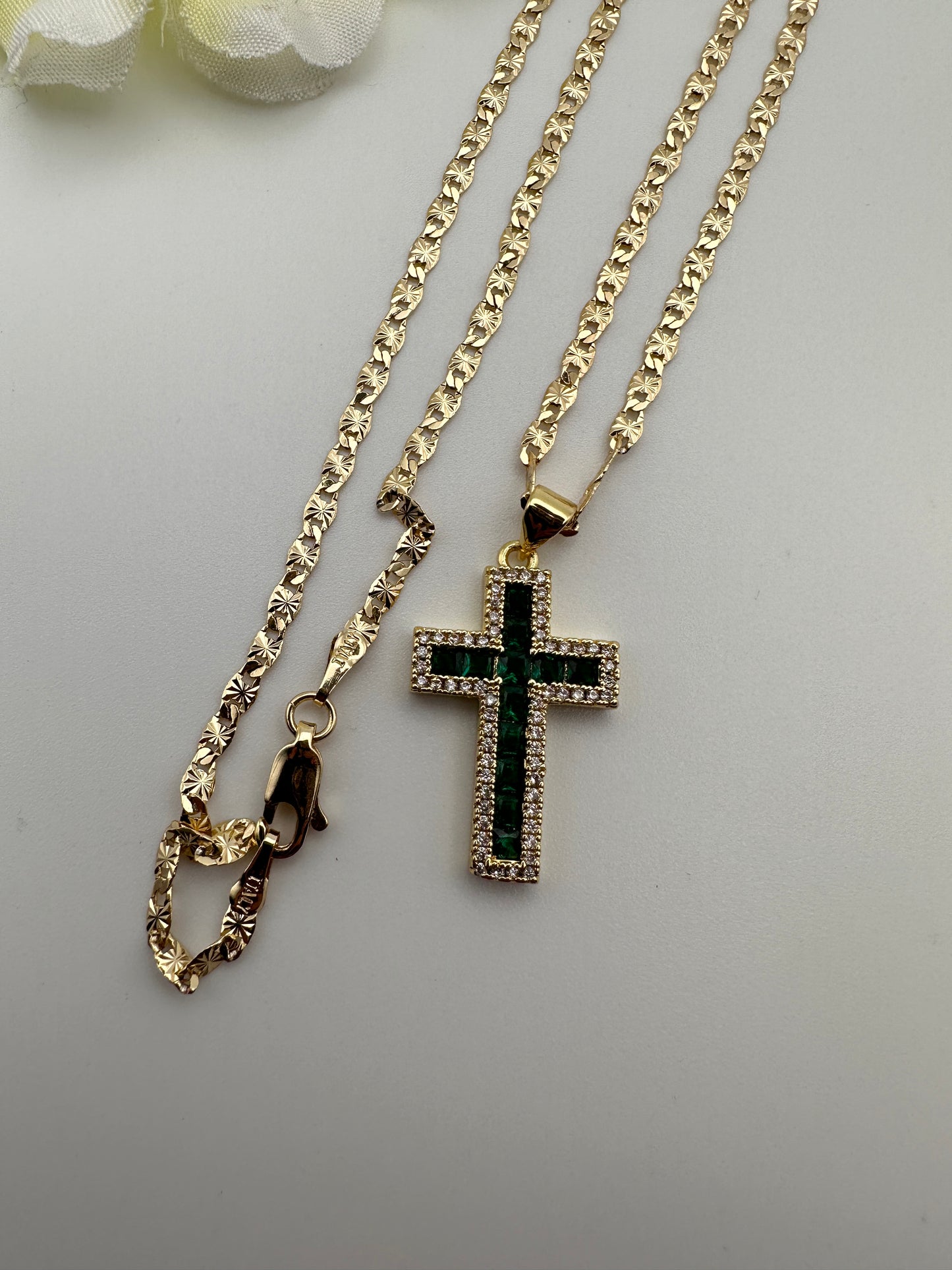 “Crystal Green” Cross Necklace Gold Plated (Green)