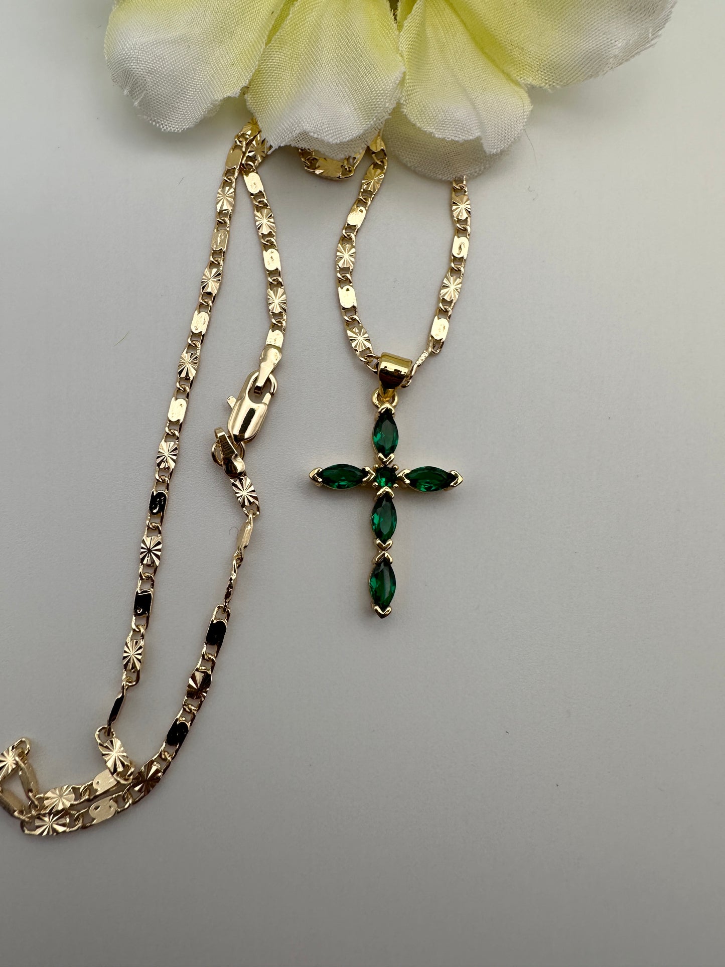 “Diamond Green” Cross Necklace with Stones