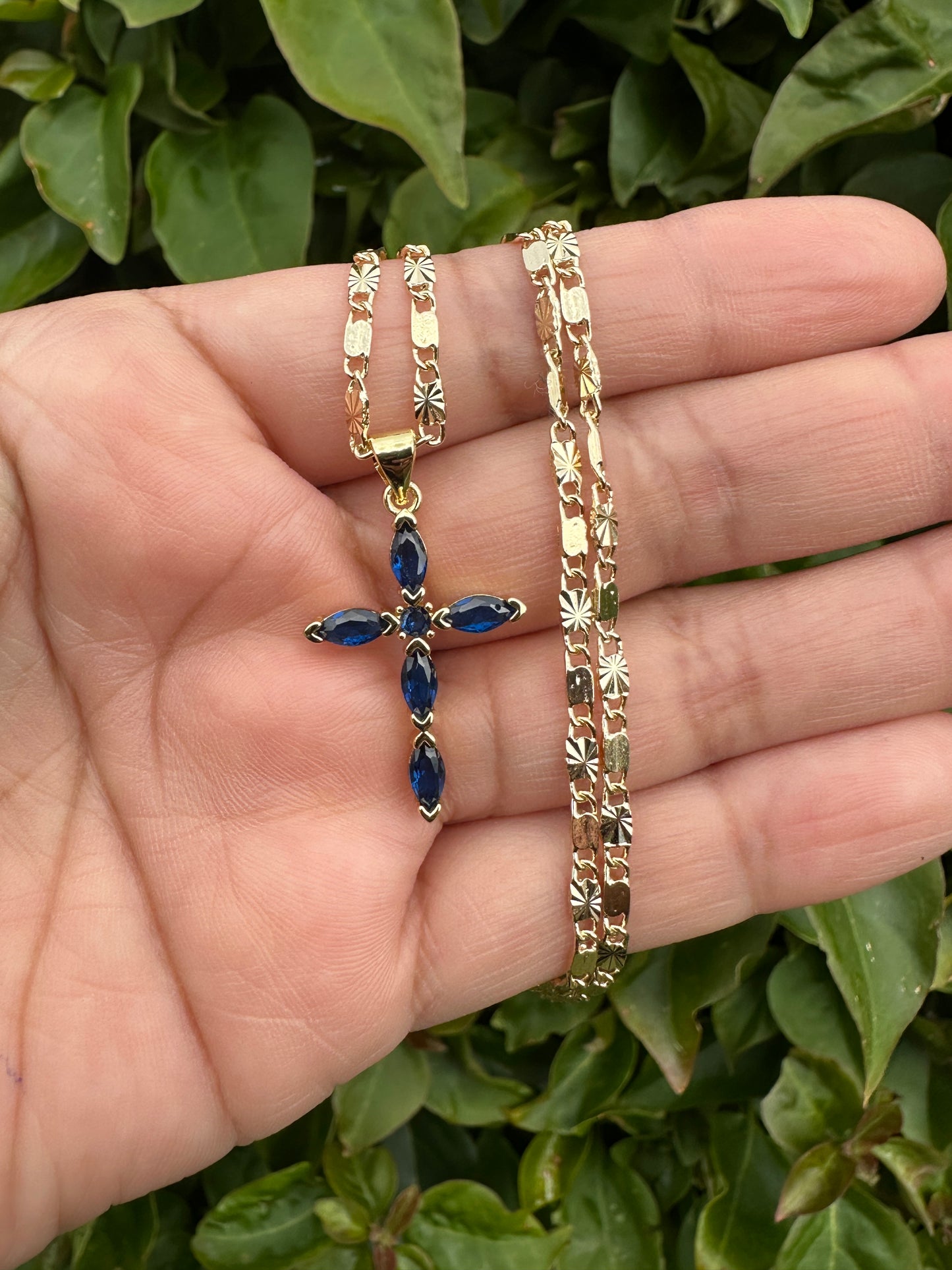 “Diamond Blue" Cross Necklace with Stones