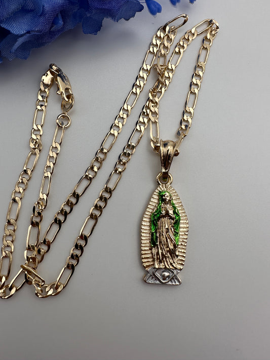 “ Linda” Virgin Guadalupe Necklace with Green Accent Gold Plated - Cadena Virgen oro Bañado