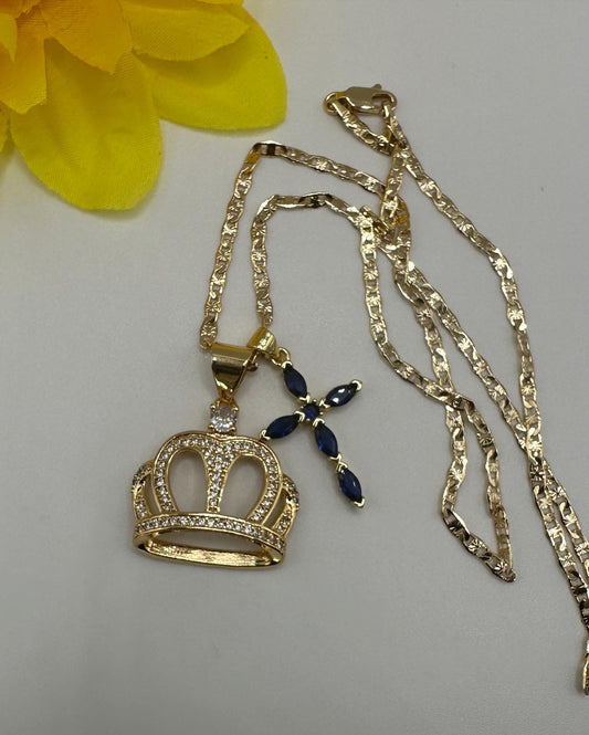 “Royal” Crown and Diamond Blue Necklace Set -Gold Plated “20”