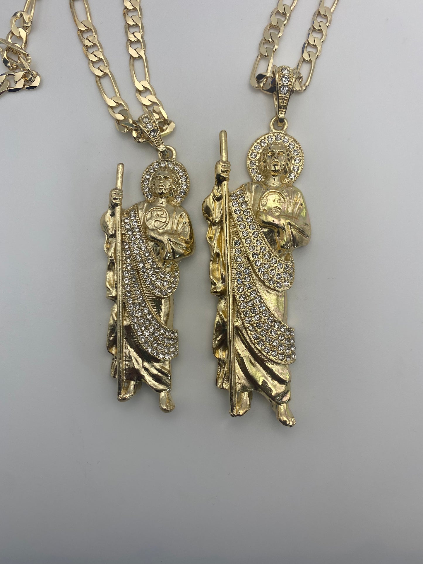 " Bling" 14k Saint Jude Clear Ice 3" Pedant with Chain Gold Plated . 14k Cadena San Judas Tadeo Oro Laminado