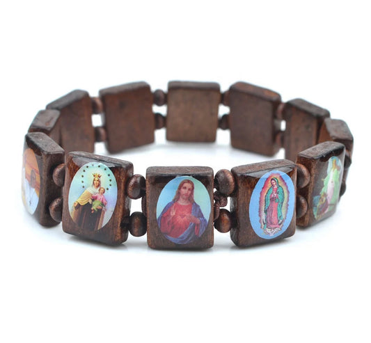 Catholic Square Wood Beads Rosary Bracelet With Holy Saints