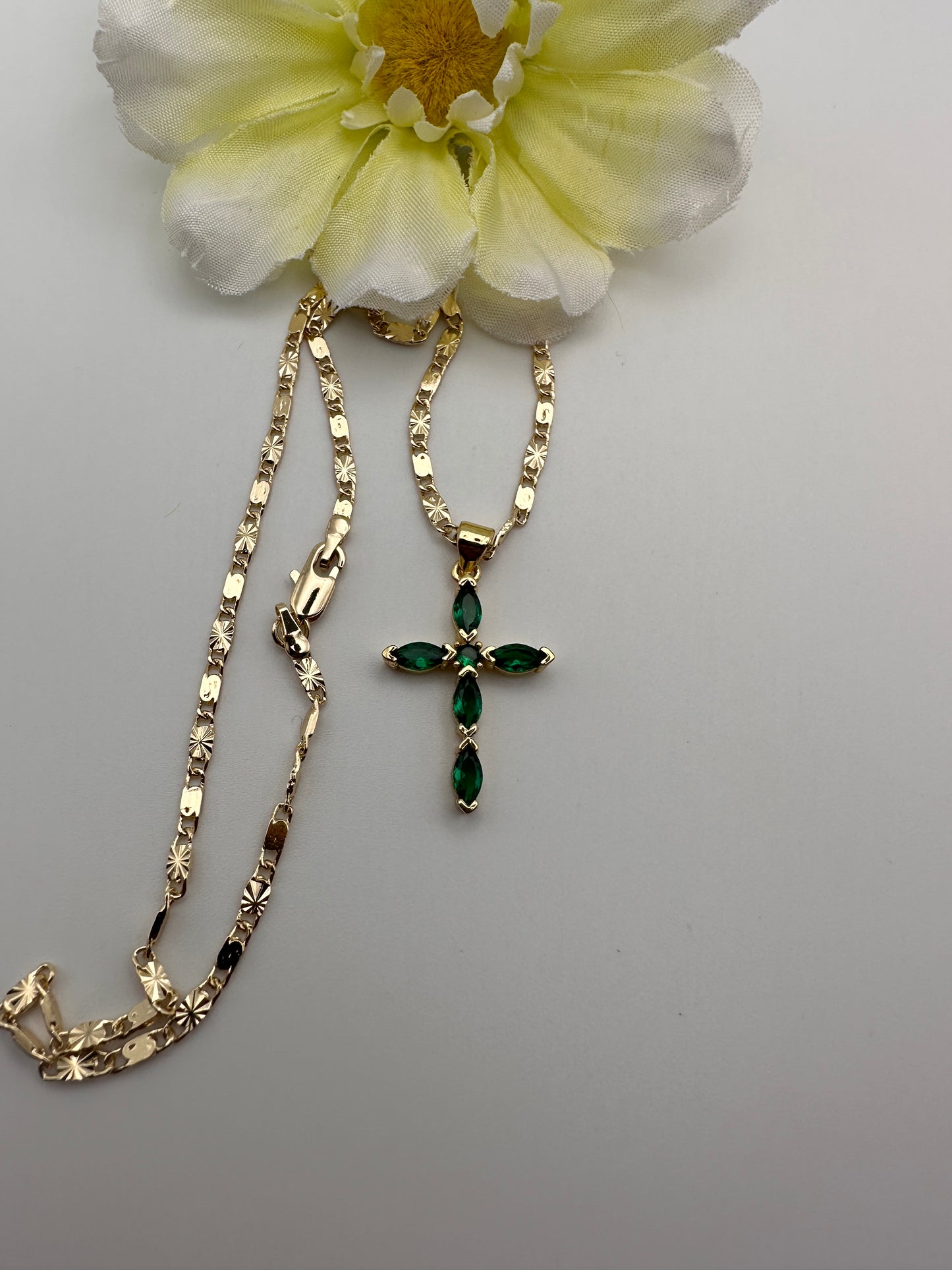 “Diamond Green” Cross Necklace with Stones