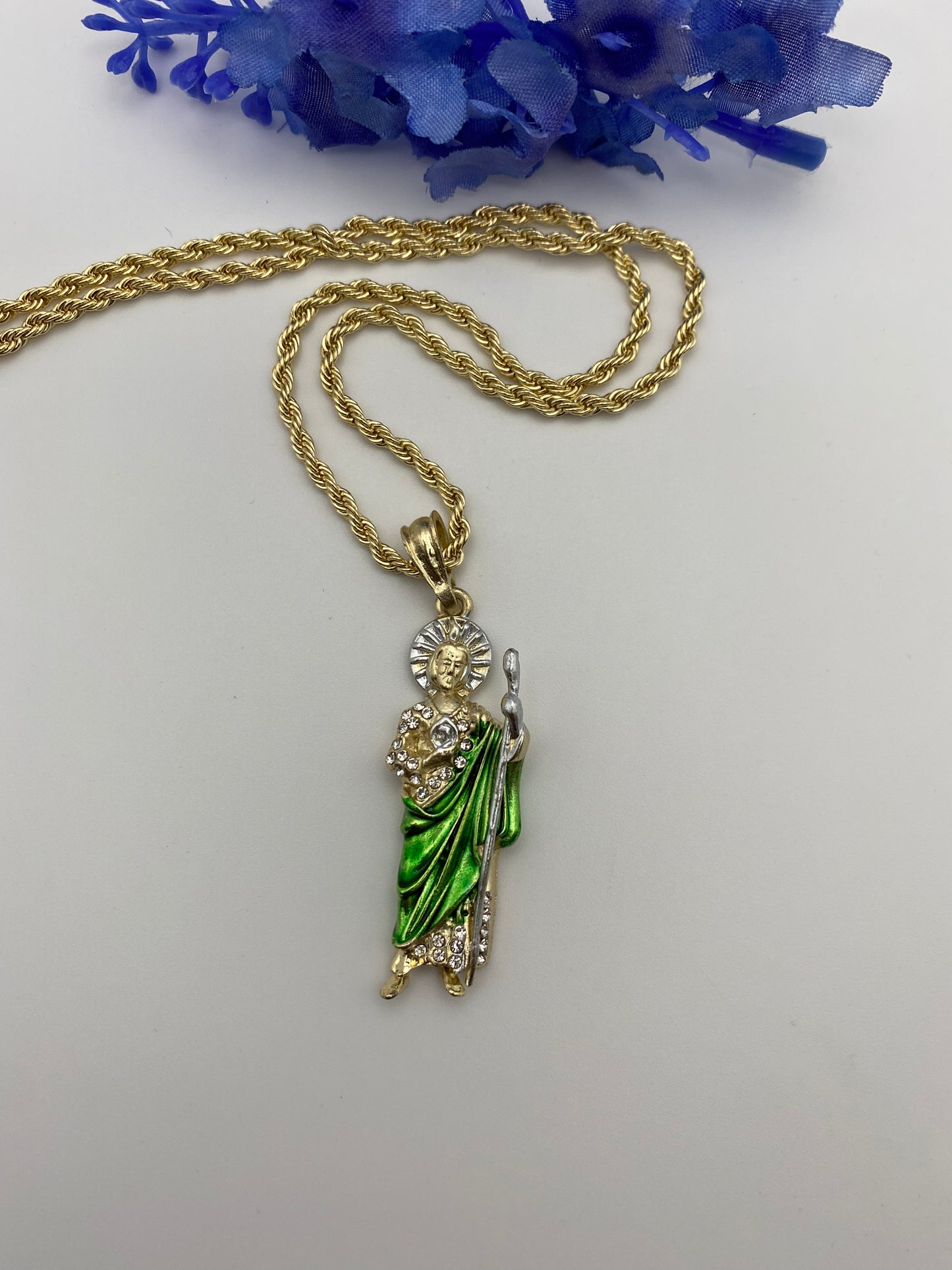 "Win" St Jude Necklace Green w/Diamonds Gold Plated (San Judas)