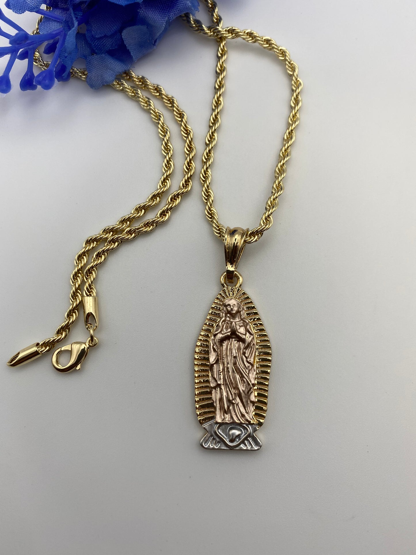 14k Gold Plated Virgen Guadalupe Necklace, Cadena 14k Virgen de Guadalupe Oro Laminado 24”