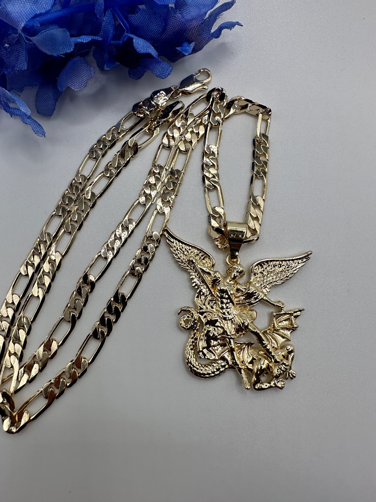 "St Michael " Archangel Necklace 24”. 14k Cadena de San Miguel Arcangel Oro Laminado. Saint Michael