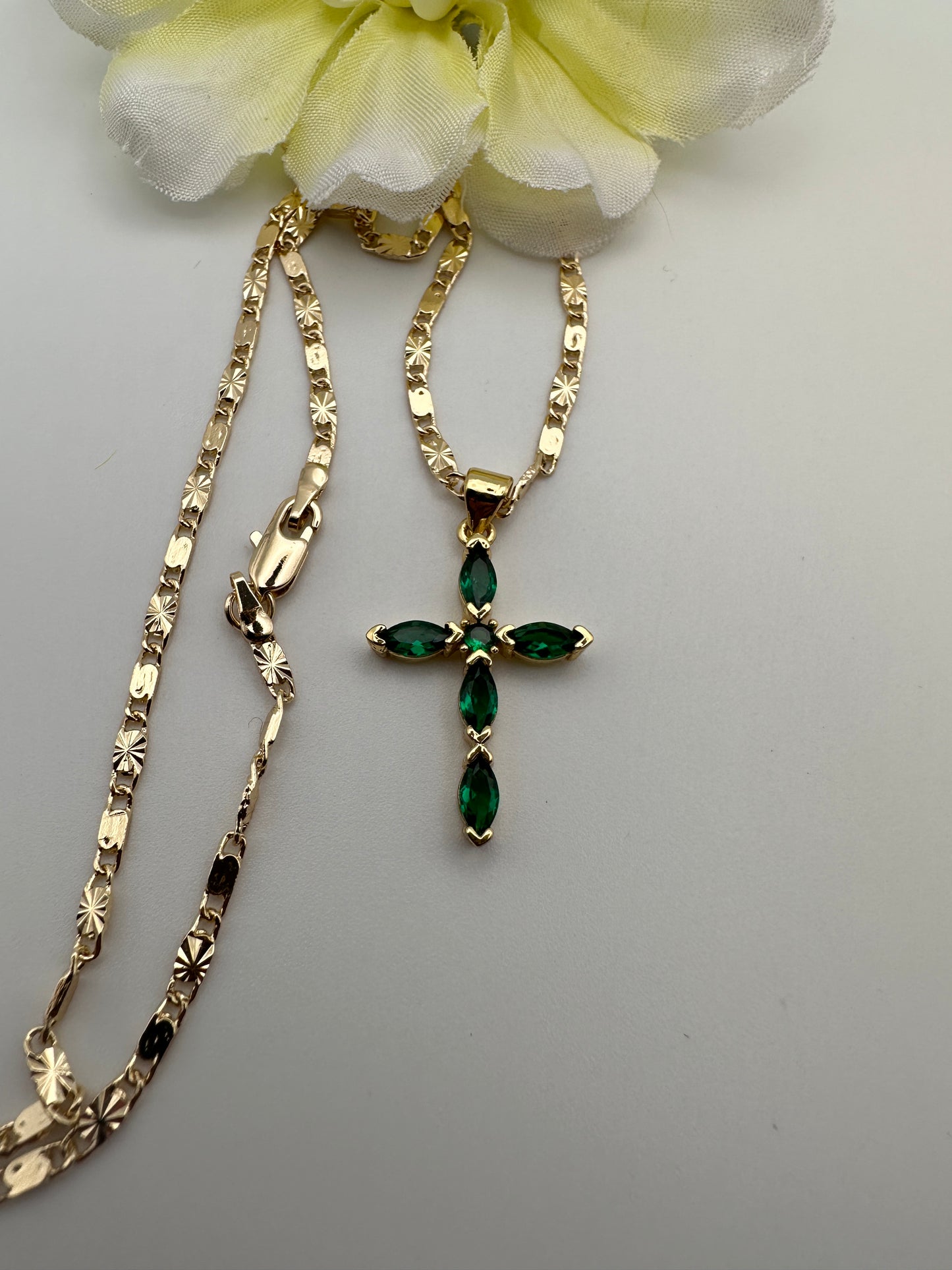 “Diamond Green” Cross Necklace with Stones