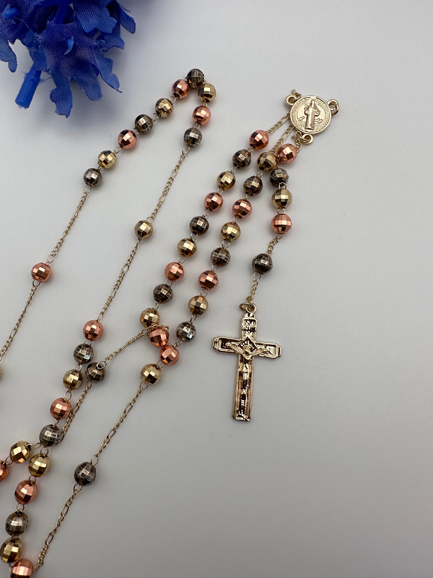 “St Benedict Rosary” Necklace tricolor Gold Plated Rosary