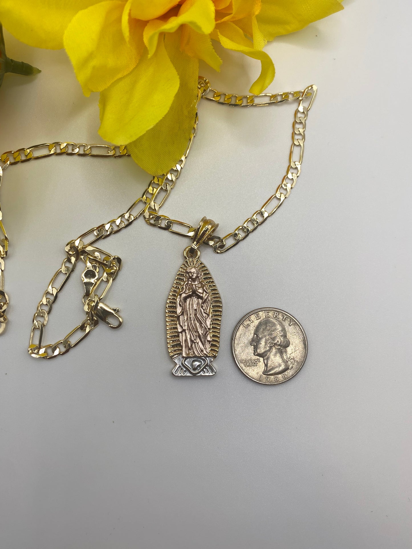 14k Gold Plated Virgen Guadalupe Necklace, Cadena 14k Virgen de Guadalupe Oro Laminado 24”