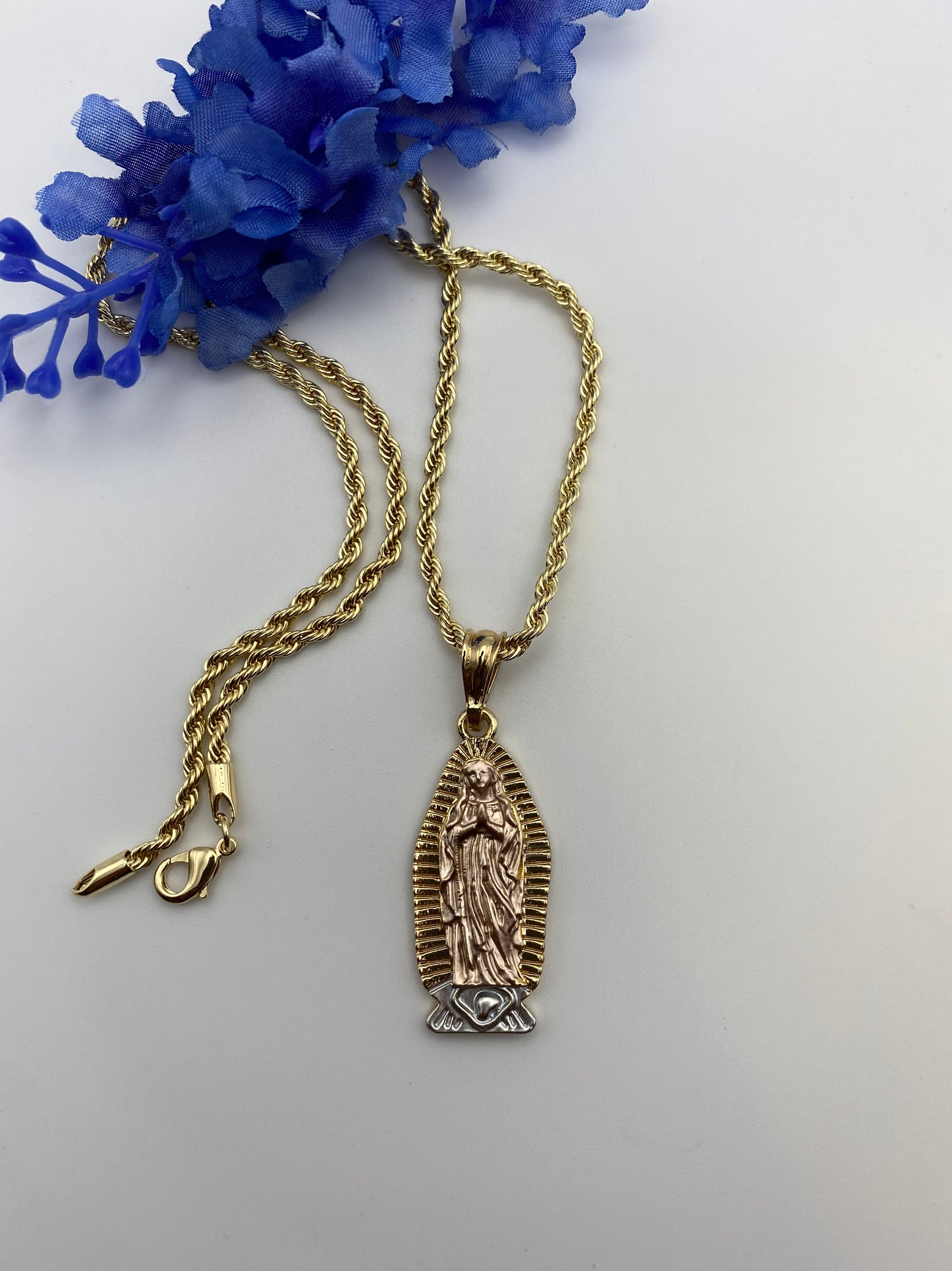 14k Gold Plated Virgen Guadalupe Necklace, Cadena 14k Virgen de Guadalupe Oro Laminado 24”